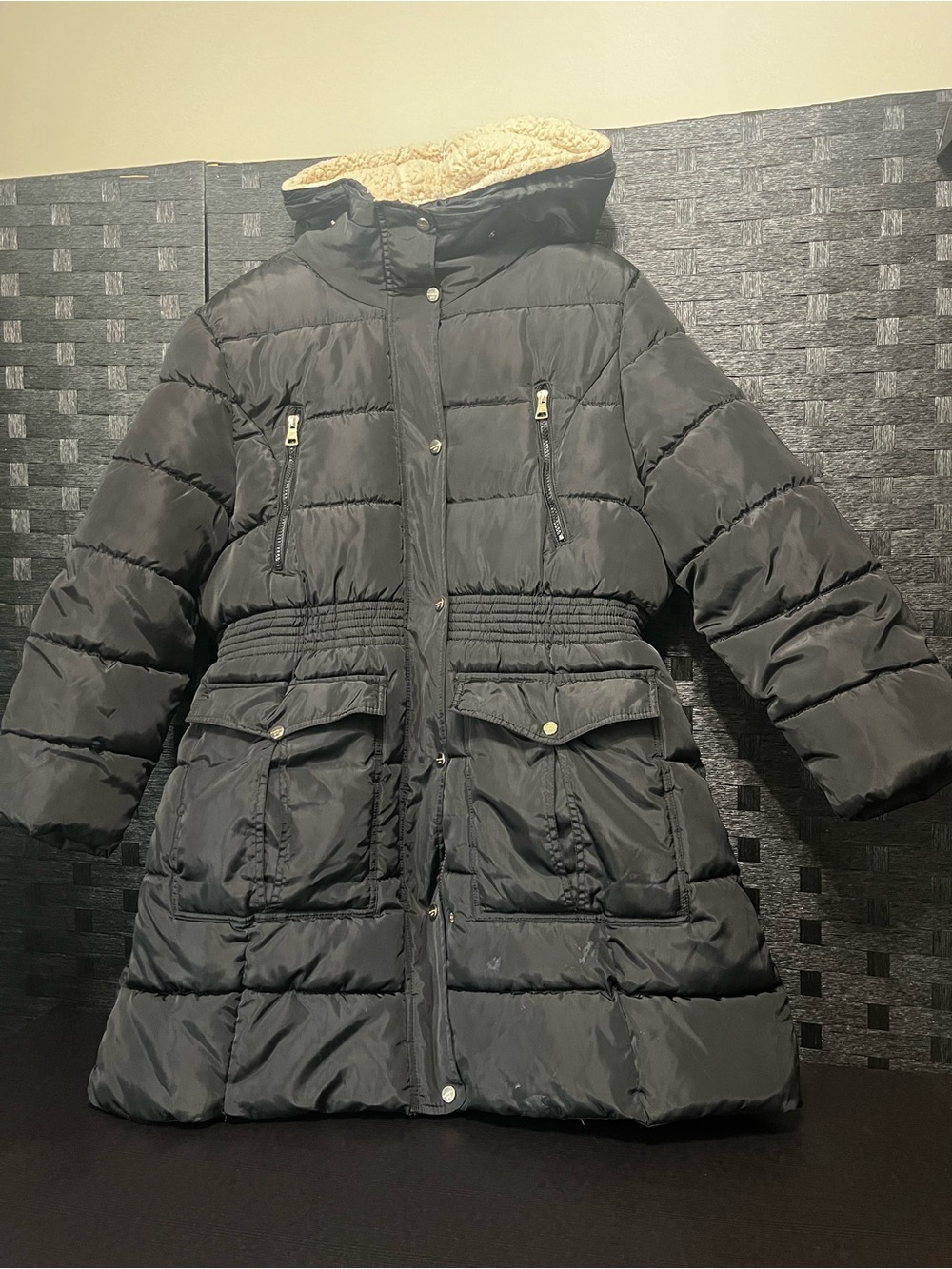 Madden Girl black 3/4 puffer coat with hood, size 1X See pics for stain